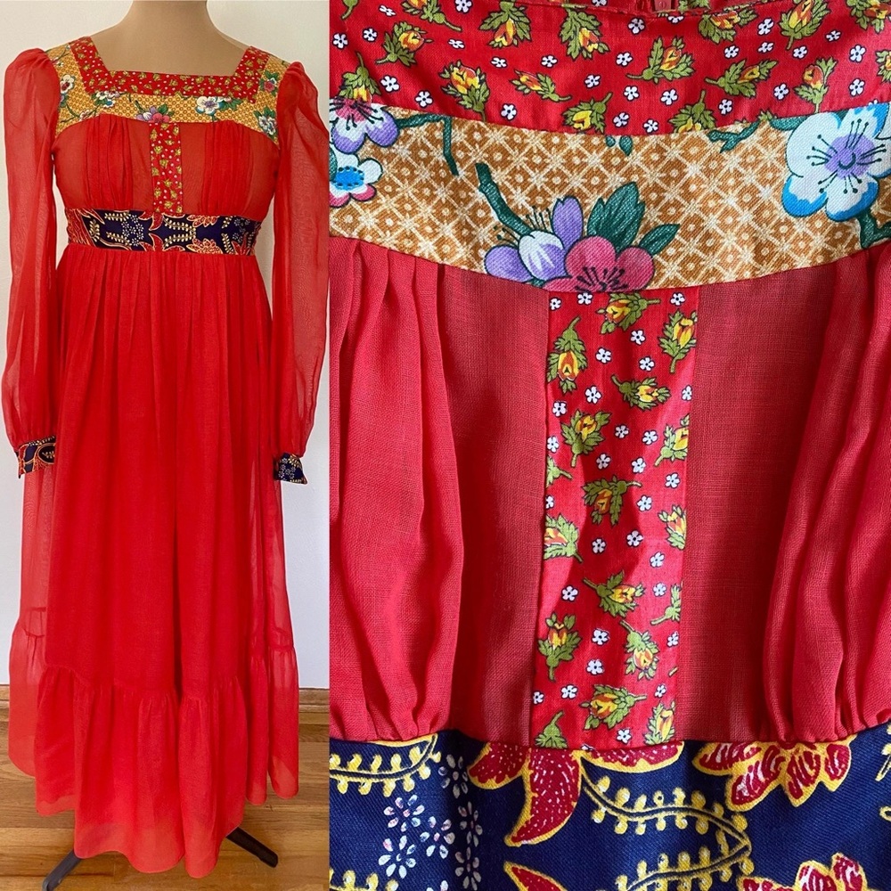 Vintage 70s YOUNG EDWARDIAN Maxi Dress *Size 5* Sheer Ruffled Boho Empire Dress